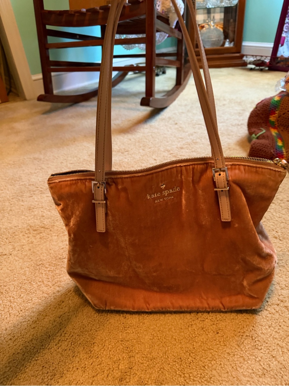 kate spade Velvet Shoulder Bag in pink with Tan Straps